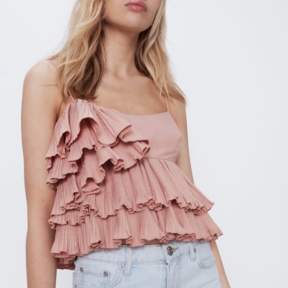 Zara Pleated Ruffled Layered Asymmetric Spaghetti Top